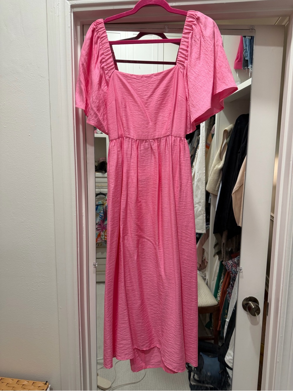 A new day - Pink Square Neck Flutter Sleeve Maxi Dress